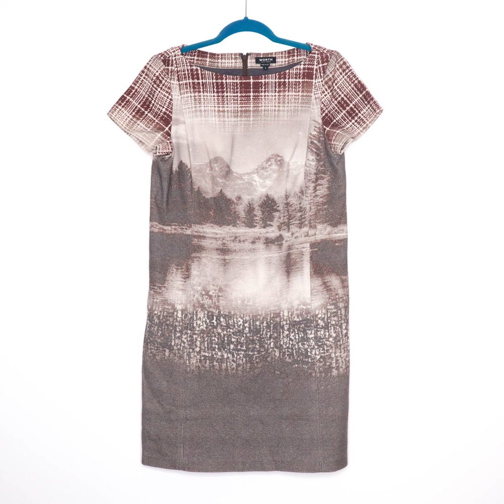 Worth Scenic Print Shift Dress in Brown and Cream